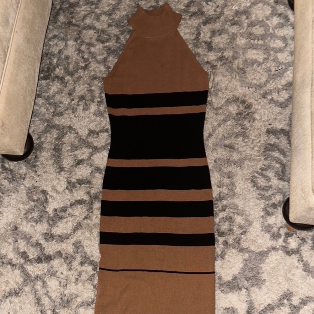 Say what? Tan and black mock turtleneck midi dress NWOT